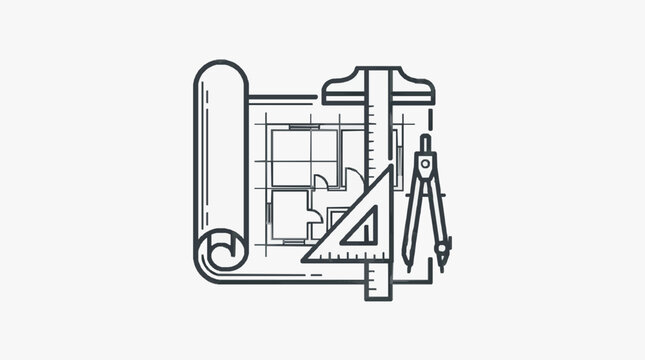 Industrial Monochrome of Drafting Tools and Blueprint on a T Square with high quality professional line art symbols for modern creative design and digital branding projects