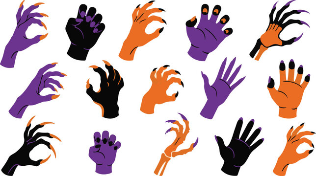Zombie hands collection a vector illustration in orange purple and black tones on white