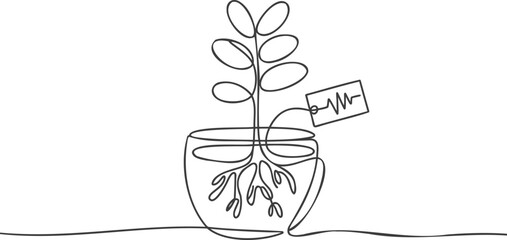 Obraz premium Minimalist continuous line of a potted plant with roots and a tag showing a waveform line minimalist