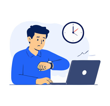 Stressed employee checking time while working on laptop, deadline pressure, time management and productivity illustration