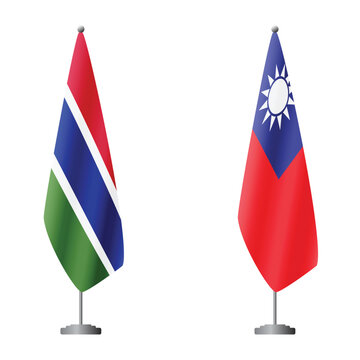 Gambia and Taiwan flags on flagpoles for official ceremonies and meetings, transparent background vector