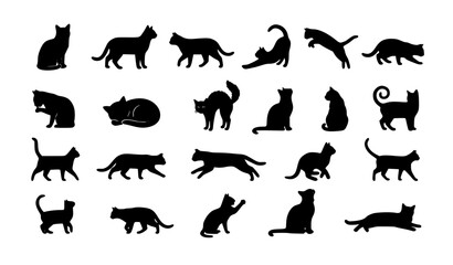 Fototapeta premium Minimal Black Cat Silhouette Bundle with Diverse Feline Standing Sitting and Jumping Poses on White Background
