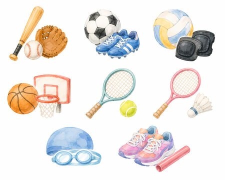 Sports equipment watercolor illustration set with balls