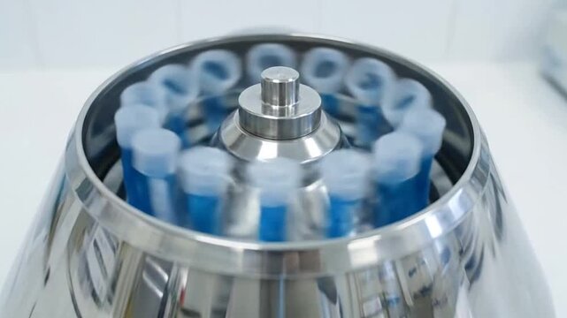 A laboratory centrifuge spinning blue liquid samples in a clinical setting