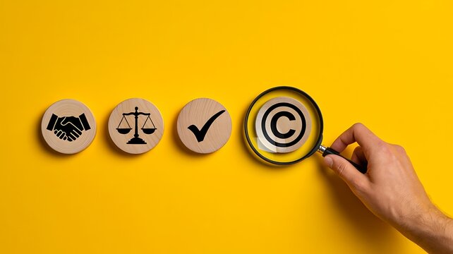 Hand placing target icon representing copyright protection and intellectual property concept