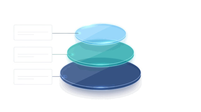 Three overlapping translucent circles in blue and teal hues, arranged vertically with lines connecting them to blank text boxes, suggesting a layered process or structure