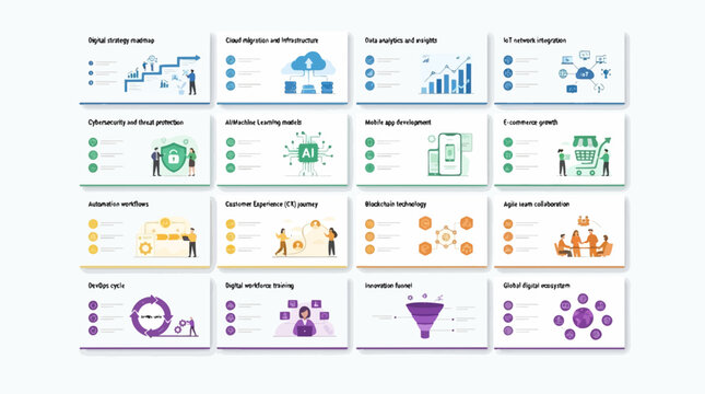 A collage of 16 distinct icons and infographics illustrating various business and technology concepts, including strategic planning, cloud infrastructure, data analysis, IoT integration.