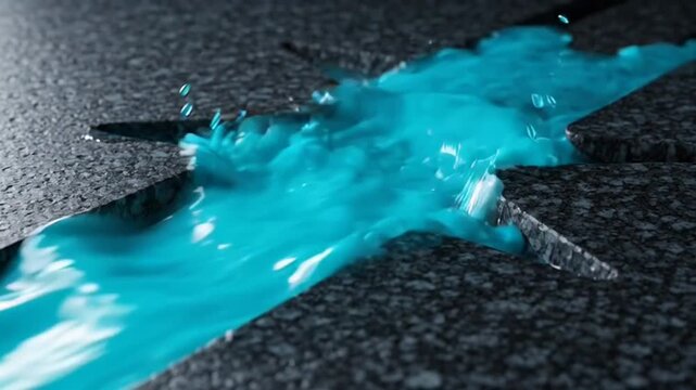 Blue liquid on cracked asphalt road.
