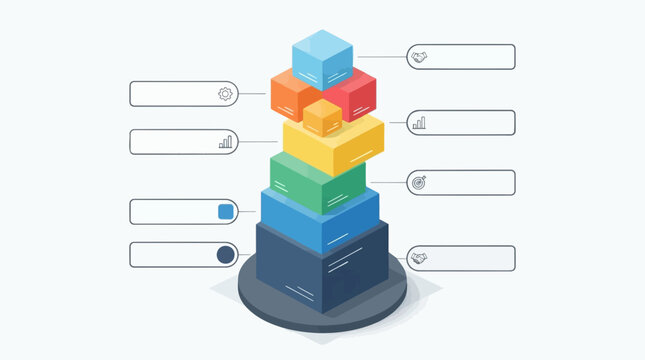 A stack of colorful isometric blocks forming a pyramid shape with blank speech bubbles and infographic icons. This conceptual graphic represents data visualization, abstract design.
