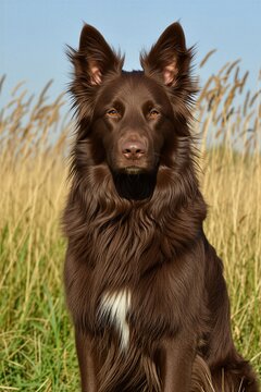Brown berger de brie dog sits outside in tall grass field. The purebred canine has amber eyes and erect ears. Blue sky in background. Loyal pet rests outdoors.