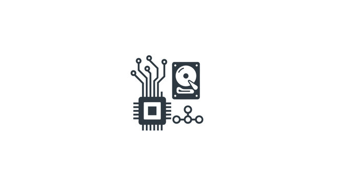 Minimalist digital data storage and processing icon featuring integrated circuit and hard drive