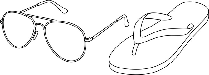 Minimalist line art illustration of aviator sunglasses and a flip flop for summer beach and travel themes © Sree