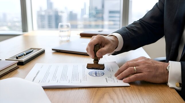 Business executive stamping official document in office with city view