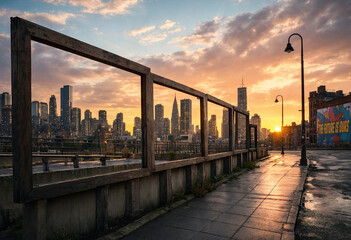Obraz premium Sunset bathes urban skyline in warm, golden light