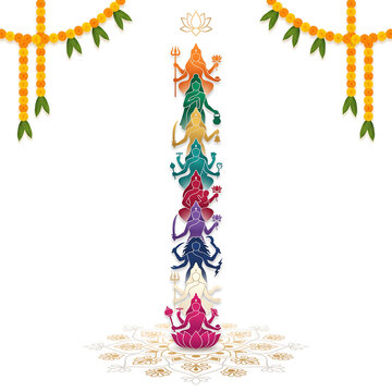 Minimalist Navratri illustration with nine colorful goddess forms on white background