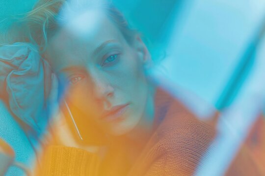 Depressed woman with a weary gaze holding a smartphone against her face on a sofa, for mental health and emotional distress concepts