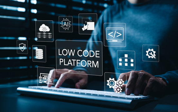 Low code platform development concept. app building icons, visual programming, workflow automation, AI integration, cloud database, responsive design, rapid digital transformation, no code technology