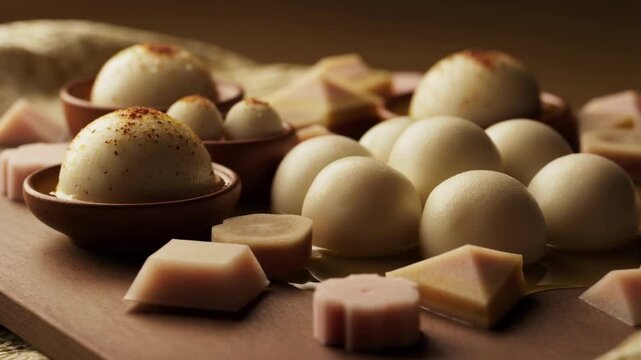 Close up of delicious traditional rasgulla sweets served on a wooden tray with warm lighting