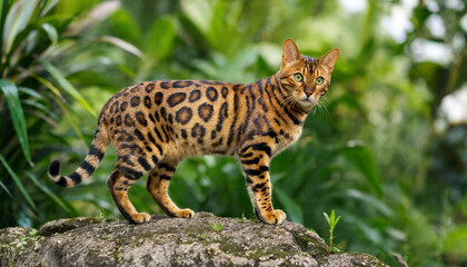 Obraz premium Beautiful wild cat standing on mossy rock surrounded by lush green foliage transparent background