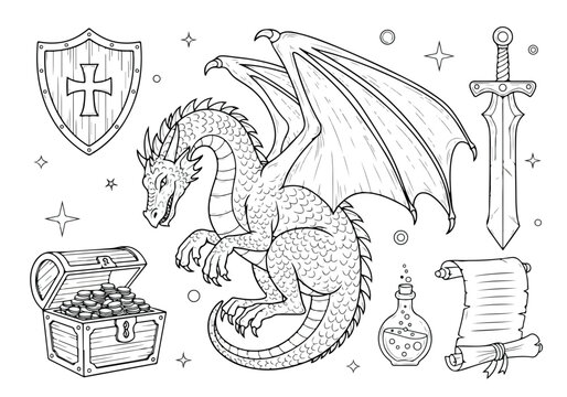 Fantasy Dragon with Treasure Chest and Medieval Weapons Coloring Page.
