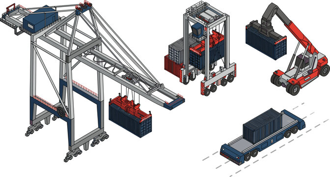 Isometric port container terminal equipment set including quay crane straddle carrier and reach stacker vector illustration
