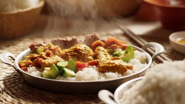 Steaming hot chicken curry with white rice served in a traditional metal pan on a woven mat