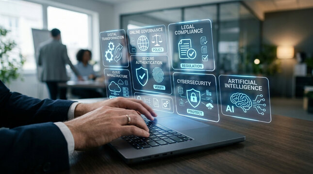 Business technology innovation: hologram interface over laptop, AI, cybersecurity, legal compliance