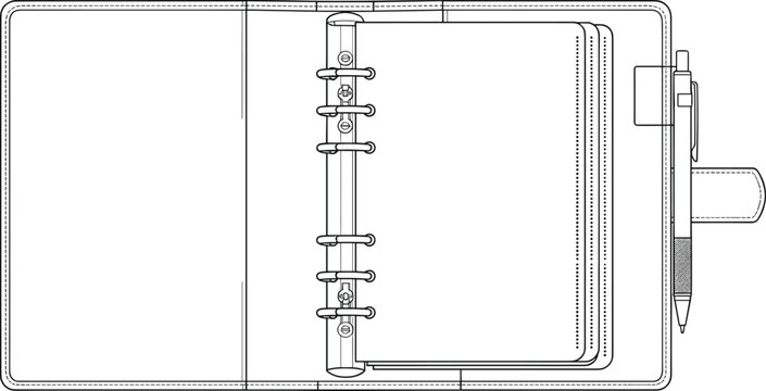 Open ring binder planner with blank pages and pen line art illustration for business and organization