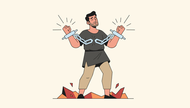 Determined strong man in a simple tunic powerfully breaks heavy metal chains around his wrists to achieve his freedom.