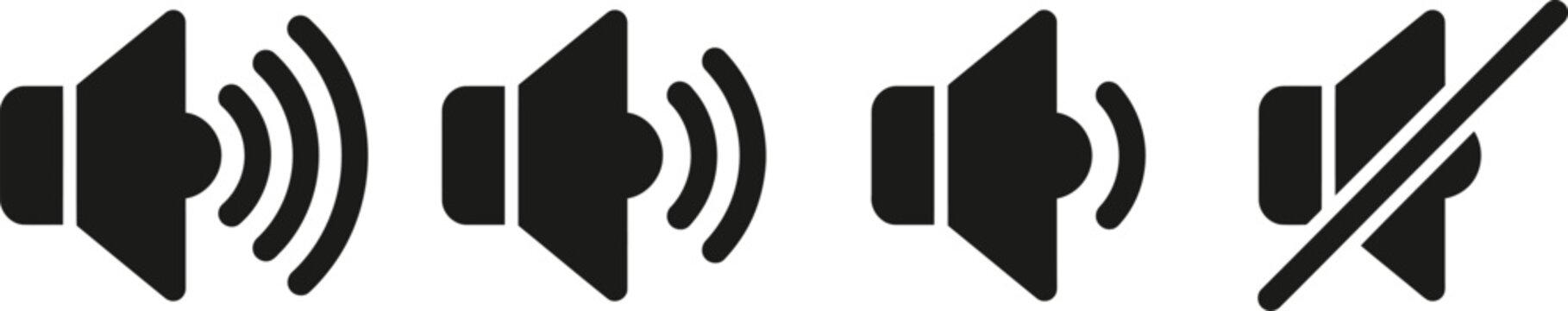 Volume control icons set loudness levels from maximum to muted black silhouette vector graphics
