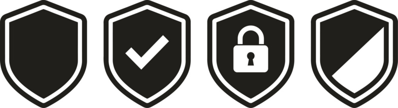 Security shield icons set protection validation cybersecurity and data safety visual representation