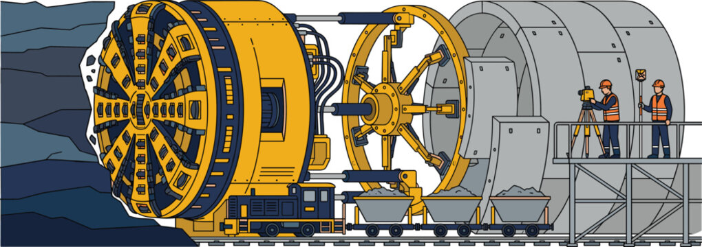 Tunnel boring machine working underground with surveyors and mine train for infrastructure civil engineering projects vector illustration