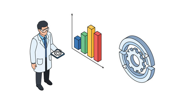 Scientist analyzing data and mechanical gear in isometric illustration.