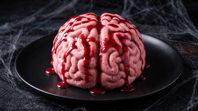 Halloween brain cake with dripping red syrup on black plate, spooky party dessert