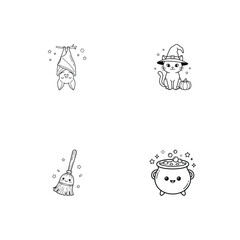 Kawaii Halloween coloring book icons, cute spooky line art set of 4 vector elements, black and white cartoon bat cat broom and cauldron