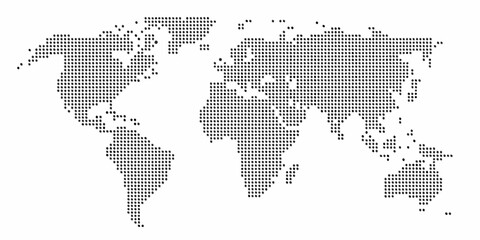 world map silhouette created with black dots on white background geography global continents oceans cartography vector graphic design modern simple © Apurba