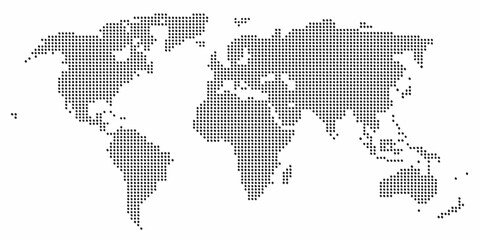 world map silhouette created from black dots on white background geography global continents oceans cartography vector graphic design pattern modern © Apurba