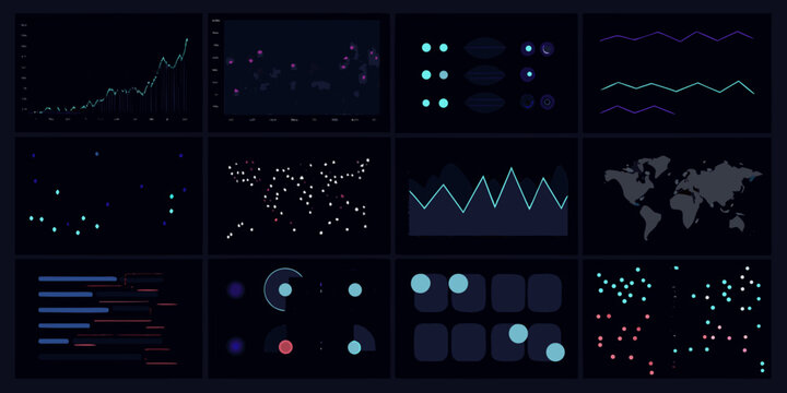 analytics dashboard grid with dark mode charts graphs and data visualization statistics metrics information monitoring performance analysis reporting interface user