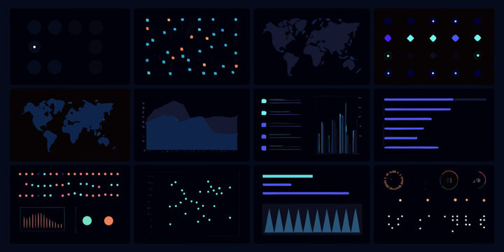 analytics dashboard interface with dark mode charts graphs and world map data visualization statistics metrics monitoring performance analysis information user