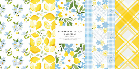 watercolor lemons and blossoms pattern on white background flowers fruit floral yellow blue green design ornament botanical nature summer fresh © Apurba