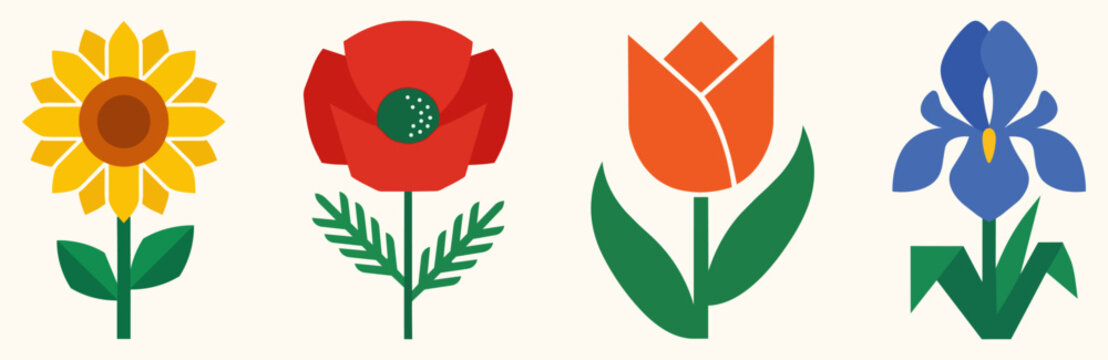 Minimalist set featuring stylized sunflower poppy tulip and iris flowers against light cream background