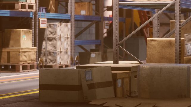 Workers organize boxes in a spacious warehouse setting. Different sizes of packages sit on pallets with labels for easy identification. This scene shows daily operations in a storage area.
