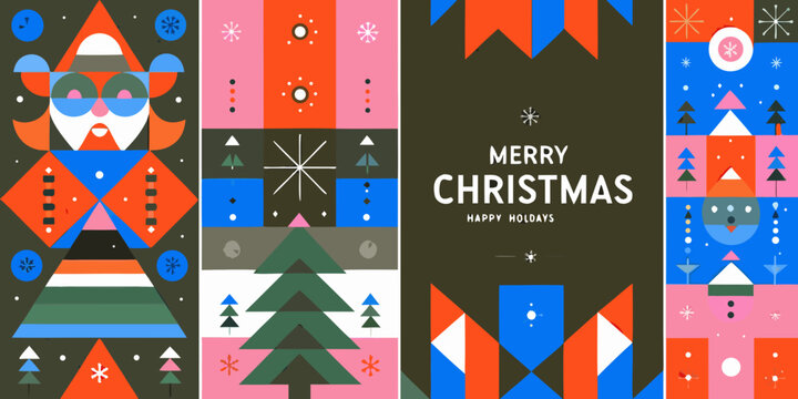 modern geometric christmas posters with abstract shapes and festive colors trees snowflakes santa claus vector illustration pattern design holiday seasonal