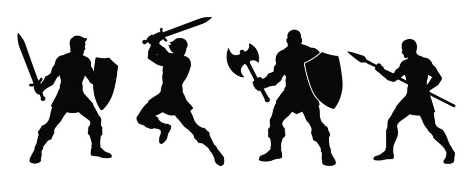 Four warriors in silhouette with swords axes and shields in a dynamic battle formation against a white background