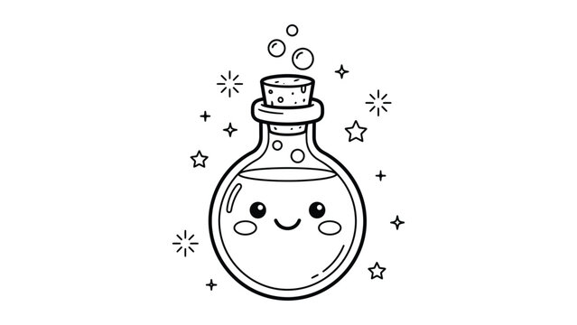 Kawaii magic potion bottle vector, cute alchemy flask with smiling face, black and white coloring page illustration of mystical elixir with stars