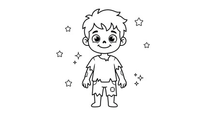 Cute zombie boy coloring page vector, cartoon undead child character with stars, halloween coloring book illustration for kids, spooky line art