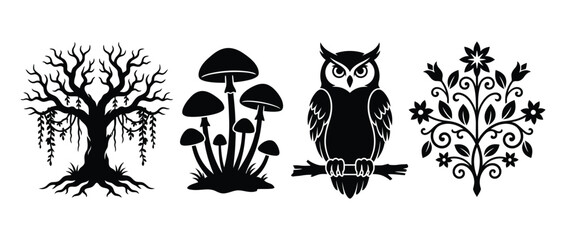 Fototapeta premium Silhouette collection of natural elements including a bare tree mushrooms an owl on a branch and a floral motif