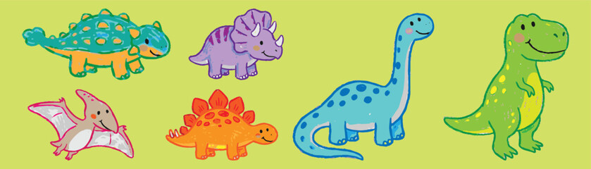 Hand drawn dinosaur prehistoric animal crayon pastel doodle character vector set © soesanto