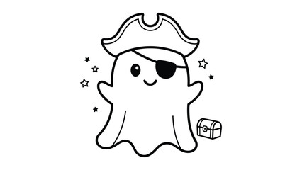Cute pirate ghost coloring page, kawaii halloween ghost wearing pirate hat and eye patch, spooky treasure hunt line art vector for kids