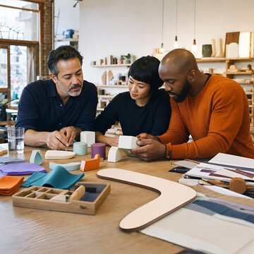 Founders collaborate on design and strategy for business buyback in a creative workspace